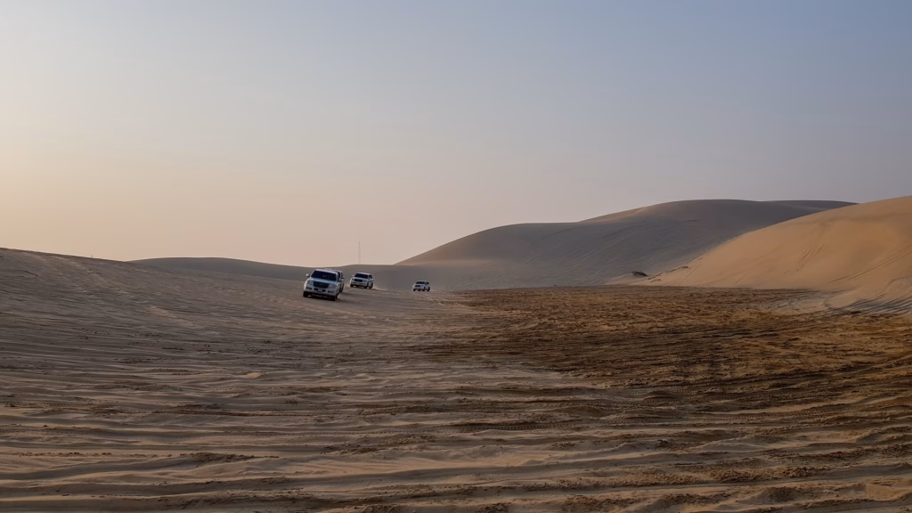 Rolling sand dunes in the desert under a clear sky, capturing the essence of desert life, travel, and tourism.
