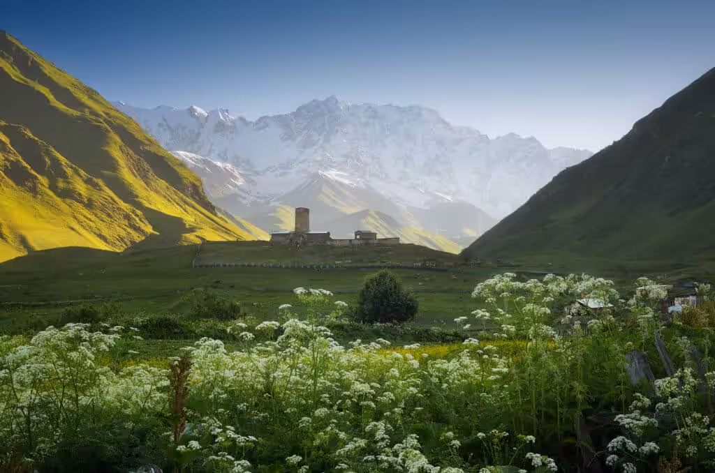 Stone church in Ushguli village surrounded by green alpine meadows and snow-capped Caucasus Mountains
