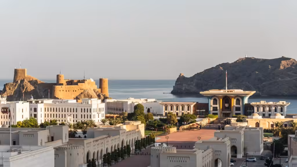 Panoramic view of Al Alam Palace and Al Mirani Fort overlooking Muscat and the Arabian Sea, Oman