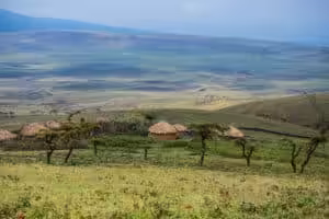 Alt Text Traditional Maasai village with thatched mud huts on the rim of the Ngorongoro Crater, Tanzania, overlooking the vast crater floor below