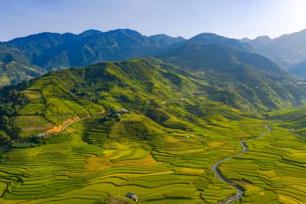Phong Nam Valley with rice fields and a winding river beneath limestone karst mountains