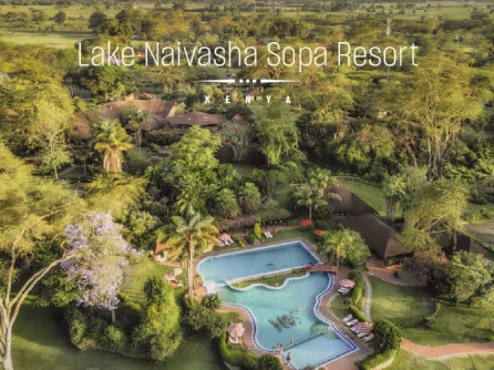 Aerial view of Lake Naivasha Sopa Resort in Kenya with lush gardens and surrounding nature